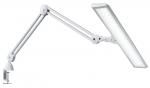 Preview: The image shows a white desk lamp with a flexible arm. The lampshade is rectangular and flat. The lamp is attached to the table with a clamp.