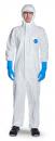 Preview: In the picture, there is a person in a white hooded protective suit. They are wearing blue gloves and safety goggles. The person appears professional and protected.