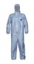Preview: The image shows a brightly blue protective suit made of lightweight material. It has long sleeves, a hood, and a front zipper. The suit protects against workplace hazards.