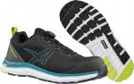 Preview: The image shows a pair of black sports shoes with light blue and lime green accents. They have a smooth surface, a sleek shape, and a textured sole with deep tread grooves.