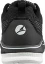 Preview: The image shows the rear view of a black sports shoe with a gray logo. The shoe has a textured surface and a white sole. There is a small loop at the top.