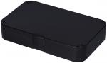 Preview: The image displays a rectangular, black plastic box. It has rounded corners, a simple, smooth lid, and a small buckle in the middle. Ideal for storing small items.