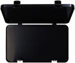Preview: Das Bild zeigt eine schwarze, rechteckige Box mit einem Deckel, der geöffnet ist. Die Oberfläche ist glatt und glänzend, und der Deckel ist an zwei Scharnieren befestigt.
