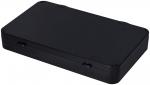 Preview: The image shows a flat, rectangular box in black. The top is smooth and has rounded corners. On the sides, two small indentations are visible, likely for opening.
