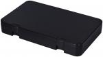Preview: The image shows a rectangular, black plastic box with smooth surfaces and flattened edges. The box has two small clasps on the long sides.