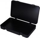 Preview: The image shows a black, rectangular box with a removable lid. It is smooth and empty inside, with hinges at the top. The surface appears plain and unobtrusive.