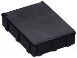 Preview: The image shows a black, rectangular plastic box with a slightly raised lid. The sides are smooth and the corners are rounded. The box has a textured surface.