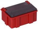 Preview: The image shows a rectangular, red plastic box with a black lid. The box has lateral grooves and a flat top. It is small and handy, ideal for storage.