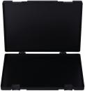 Preview: The image shows a black, open suitcase with two flaps. The insides are also black and flat. The flaps are attached to hinges. The suitcase has four feet.
