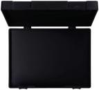 Preview: The image shows a black container that is open. The top has a hinged cover, underneath which a smooth, black surface is visible. The container is rectangular and plain.