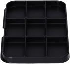 Preview: The image displays a black tray with nine equal-sized compartments. The compartments are arranged in a square format, and the tray has rounded corners and two side handles.