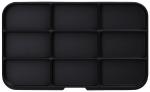 Preview: The image shows a rectangular, black tray with rounded corners, divided into ten equal compartments. The compartments are flat and without any patterns.