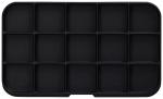 Preview: The image displays a rectangular, flat tray in black, divided into 15 equal square compartments. The corners are rounded. It appears simple and functional.