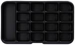 Preview: The image shows a black storage unit with 16 rectangular compartments in two rows and a larger compartment on the left side. The compartments are evenly arranged and have smooth edges.