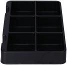 Preview: The image shows a black organizer with six equally sized compartments. It has a flat shape, two side handles, and is made from a hard material.