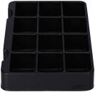 Preview: The image displays a black organizer tray with 12 rectangular compartments, which is flat and features small grip indentations on the sides. Ideal for storing small items.