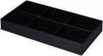 Preview: The image displays a flat, rectangular box made of black plastic, divided into six equal compartments. It is used for storing and organizing items.