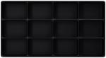Preview: The image displays a rectangular tray with twelve equal-sized rectangular compartments. The entire tray is black and features a smooth surface.