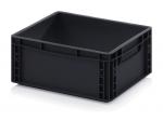 Preview: Es handelt sich um eine quadratische, schwarze Kunststoffbox ohne Deckel. Sie hat runde Ecken, Griffe an den Seiten und eine glatte Innenseite, die für Aufbewahrung genutzt werden kann.