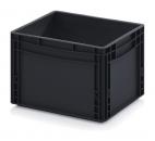 Preview: Das Bild zeigt eine quadratische, schwarze Kunststoffbox. Sie hat hohe Wände, ist stabil und hat an den Seiten praktische Griffe. Die Oberfläche ist glatt und hat sichtbare Ecken.