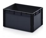 Preview: Das Bild zeigt eine schwarze, rechteckige Kunststoffbox ohne Deckel. Sie hat stabile Wände und ein schlichtes Design, ideal zur Aufbewahrung von Gegenständen.