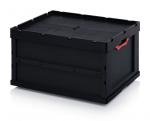 Preview: It is a black plastic box with a solid, flat lid. Red handles are attached to the sides. The box has a rectangular shape and is sturdy.