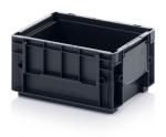 Preview: It is a black plastic box without a lid. It has a rectangular shape, is sturdy, and has side handles as well as several vertical grooves on the walls.