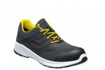 Preview: The shoe is sporty and made of black material with a textured design. The laces are bright yellow, and the sole is white with a black bottom.