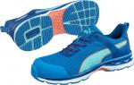 Preview: The image shows a pair of athletic shoes in bright blue with light blue and orange accents. They have a non-slip sole and laces.