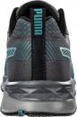 Preview: The image shows the rear view of a sporty sneaker. It is primarily in gray with turquoise accents. On the heel, the word 