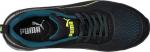 Preview: Der Schuh ist ein sportlicher Sneaker in Schwarz mit blauen und gelben Akzenten. Er hat ein atmungsaktives Mesh-Obermaterial und flache Schnürsenkel. Das Logo ist prominent sichtbar.