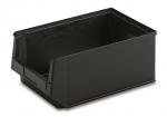 Preview: The image shows a rectangular, black plastic box without a lid. It has an open top and a slanted front for easy removal of contents.
