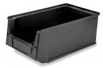 Preview: It is a rectangular, black plastic storage box. It has an open handle on one side and is empty inside, with sturdy walls and rounded corners.