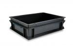 Preview: Das Bild zeigt eine schwarze, flache Kunststoffbox. Sie hat eine rechteckige Form, hohe Seitenwände und ist stabil gefertigt, ideal zum Verstauen oder Transportieren von Gegenständen.