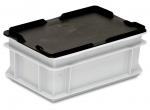 Preview: Das Bild zeigt eine rechteckige Aufbewahrungsbox mit einem weißen Korpus und einem schwarzen Deckel. Die Box hat eine glatte Oberfläche und ist stabil, ideal für die Lagerung von Gegenständen.