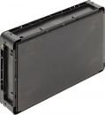 Preview: The image displays a rectangular, flat, black plastic container. It has rounded edges and a smooth surface. The container is visible from the side, featuring a sturdy rim.