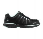 Preview: The shoe is black with a textured surface. The shoelaces are also black. A mint green accent runs along the sole and at the upper edge. The brand 