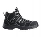 Preview: Der Schuh ist ein schwarzer, halbofferner Wanderschuh mit einer stabilen Gummisohle. Er hat graue Schnürsenkel und einen gepolsterten Schaft. Das Design ist sportlich und funktional.