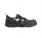 Preview: The shoe is a sporty, dark gray sandal boot with yellow and blue accents. It has a padded strap and is designed with multiple openings for breathability.