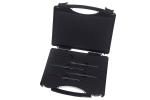 Preview: The image shows an open, black suitcase with several tools inside. The tools are slim and elongated, neatly arranged on the padded interior of the suitcase.