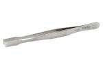 Preview: The image shows a narrow, silver metal tweezer. It has a straight shape with slightly ridged handles for better grip. The tip is straight and narrow.