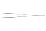 Preview: The image shows a long, slender, metallic tweezer. It has two pointed ends and tapers towards the middle, ideal for grasping small objects.