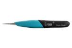 Preview: The image displays a fine tweezer with a blue rubberized handle and a black surface. It is made in Switzerland and features a sharp, precise working area.
