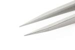 Preview: The image shows the tips of a stainless steel tweezer. The two ends are narrow and taper to a point, ideal for grasping small objects. The background is light and solid-colored.