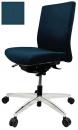 Preview: Das Bild zeigt einen ergonomischen Bürostuhl in dunklem Blau mit gepolsterter Sitzfläche und Rückenlehne. Er hat fünf Rollen und eine verchromte Basis für Stabilität.