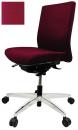 Preview: Der Bürostuhl hat einen roten Bezug und eine ergonomische Rückenlehne. Er steht auf einem chromfarbenen Fuß mit fünf Rollen, die beweglich sind. Die Sitzfläche ist gepolstert.