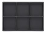 Preview: The image displays a rectangular, black tray with six square compartments. The compartments are evenly arranged and provide space for various dishes.