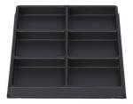 Preview: The image shows a square, black tray with six equally-sized, rectangular compartments. Each compartment has a uniform and flat design. It is practical for serving or storing food.