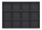 Preview: The image displays a rectangular, black baking sheet with 12 uniform indentations. It is flat and has a smooth surface, ideal for baking or serving.