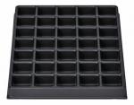 Preview: The image shows a rectangular, black baking pan with 36 evenly distributed, small indentations suitable for muffins or cupcakes. The surface is smooth.